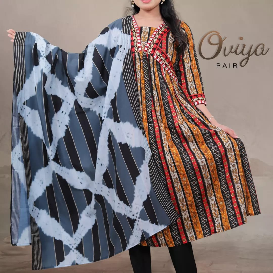 Oviya Fancy Pair Rayon Cotton Print Kurti With Bottom Dupatta Catalog