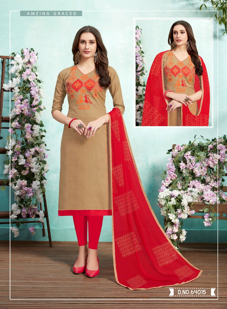 Kiss Miss 64 Designer Lawn Cotton Fancy Churidar Dress Material With Work and Four sided Lace Border Dupatta 