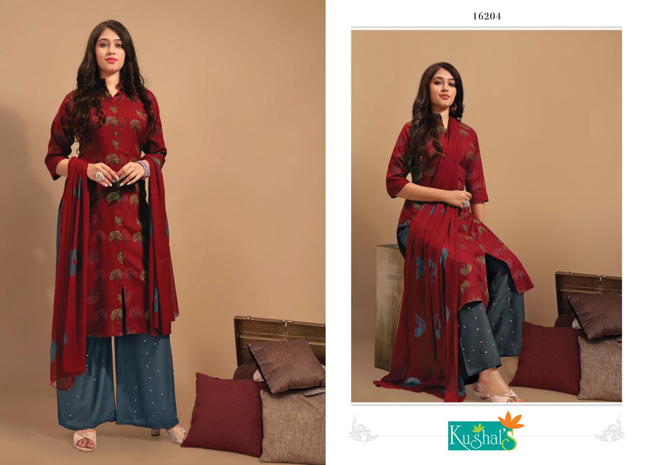 Kushals Meri Gold 3 Fancy Rayon Printed Regular Wear Kurti With Plazzo And Dupatta Collection