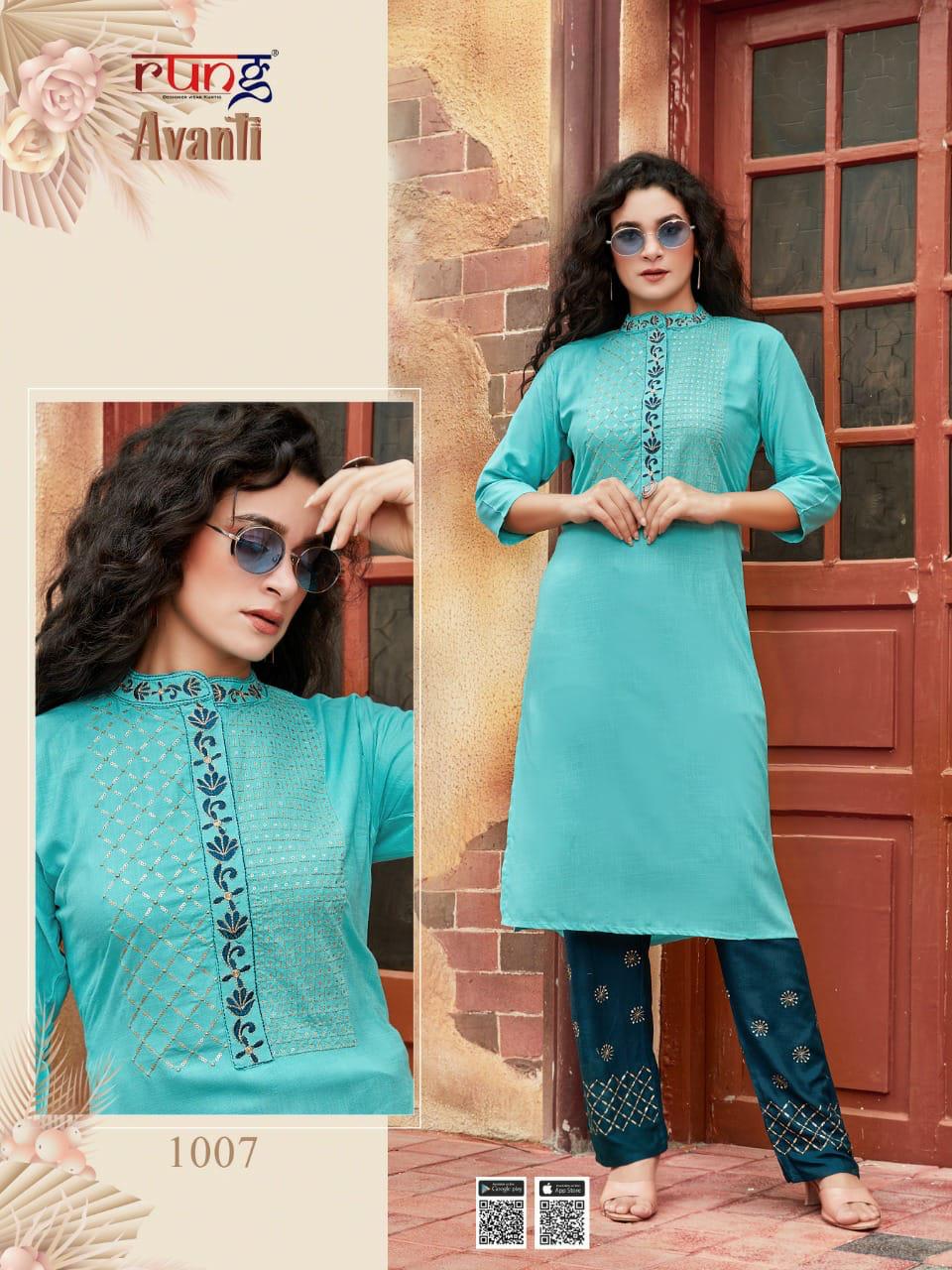 Rung Avanti Heavy Rayon Designer Ethnic Wear Latest Kurtis With Bottom Collection

