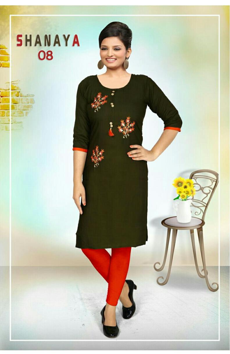 Trendy Shanaya Latest Designer Daily Wear Rayon Embroidery Work Kurtis Collection
