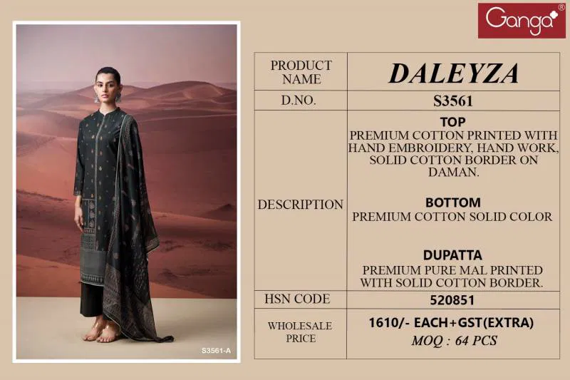 Daleyza By Ganga Cotton Printed Embroidered Salwar Suit Online Wholesale