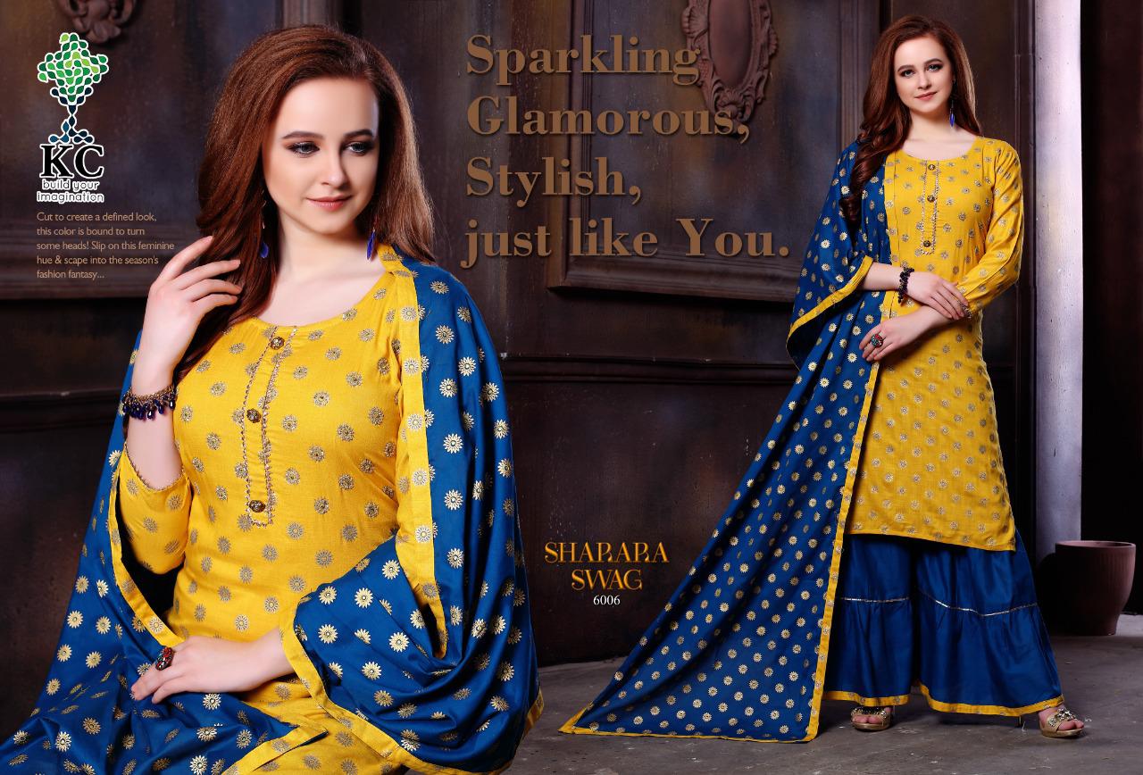 KC Sharara Swag Vol 6 Latest Strylish Heavy Rayon Slub Printed  With Work Sharara Style Readymade Festive wear Salwar Suit Collection 