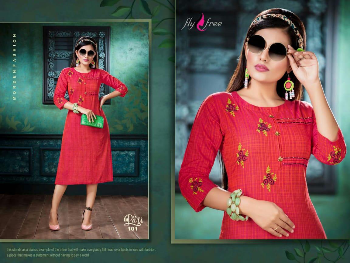 Fly Free Pari Designer Daily Ethnic Wear Embroidery Work Kurtis Collection
