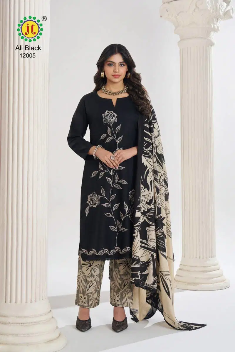 Jt All Black Vol 12 Rayon Embroidered Dress Material Wholesale In India