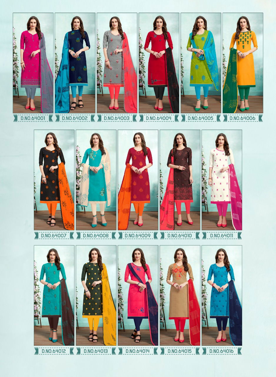 Kiss Miss 64 Designer Lawn Cotton Fancy Churidar Dress Material With Work and Four sided Lace Border Dupatta 