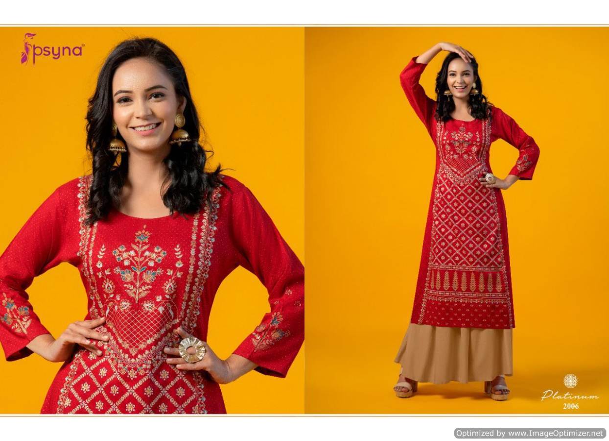 Psyna Platinum 2 Latest fancy Designer Ethnic Wear Heavy Rayon Gold Printed Kurti Collection
