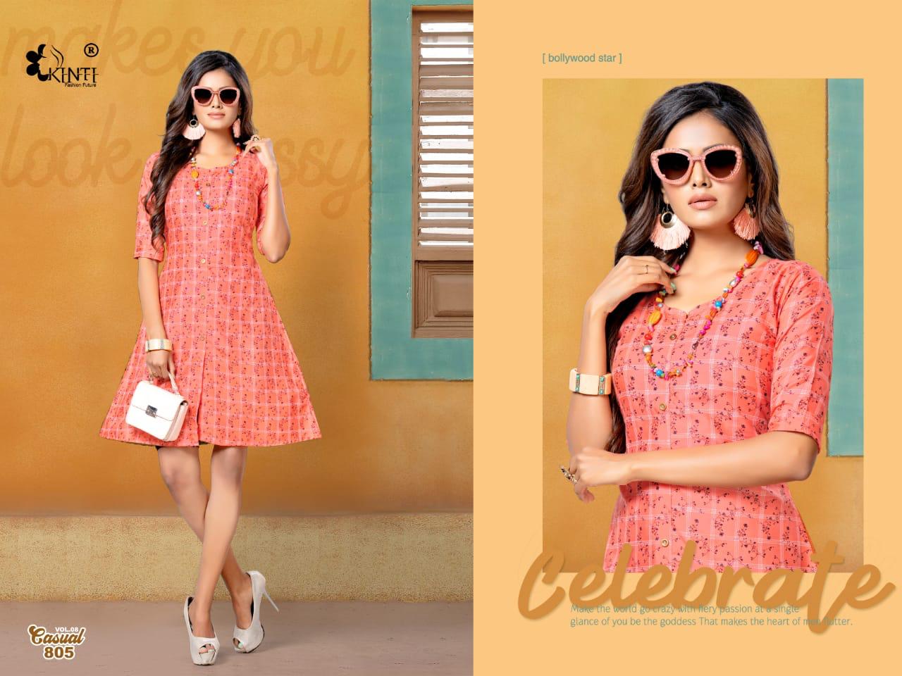 Kinti Casual 8 Latest fancy Designer Regular Wear Pocket Rayon Printed Kurtis Collection
