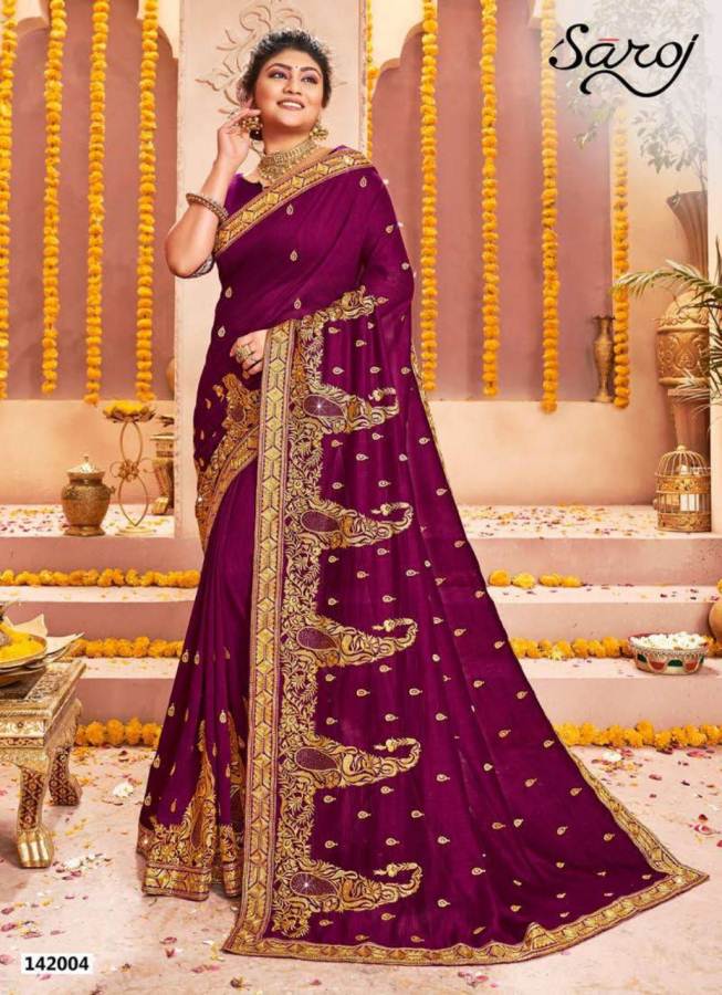 Saroj Rajdhani Latest Designer Heavy Embroidered Wedding Wear Vichitra Silk Saree Collection