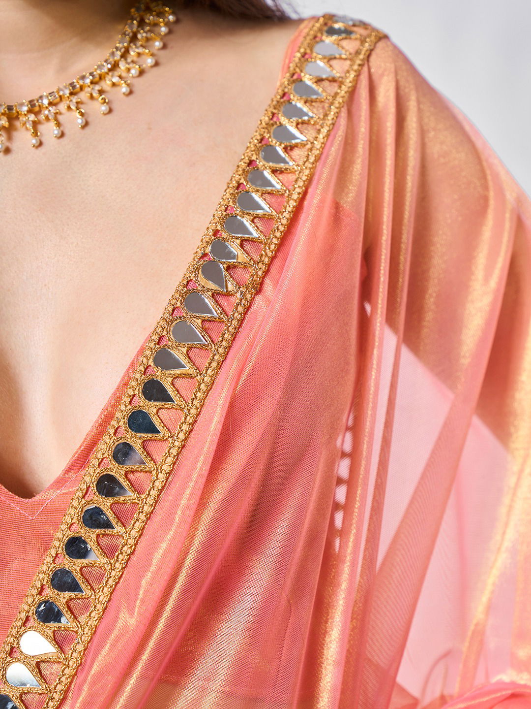 Laxminam OP 778 Peach Designer Gold Tissue Net Saree Wholesale In India