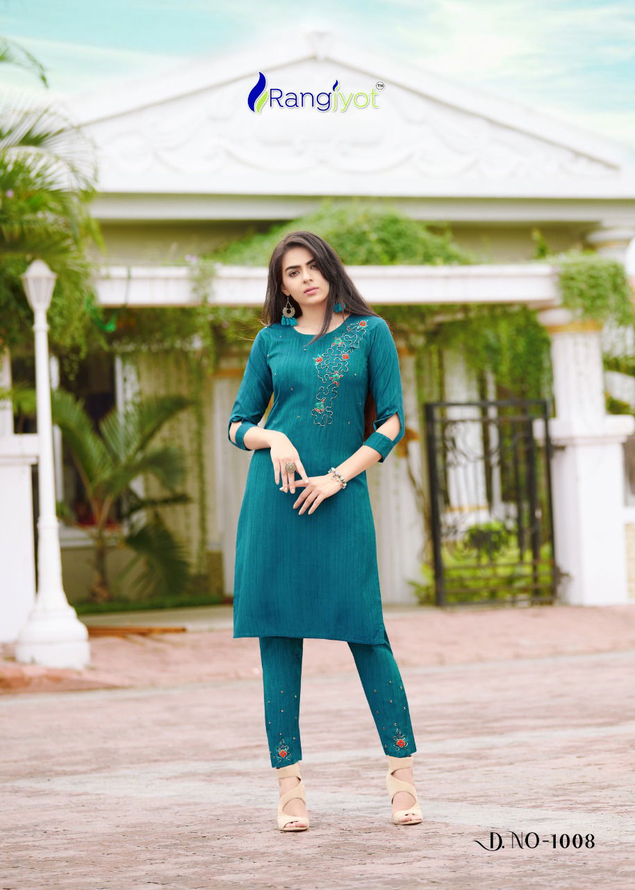 Rangjyot Aarohi 1 Ethnic Wear Rayon With Khatli Work Kurtis With Bottom Collection
