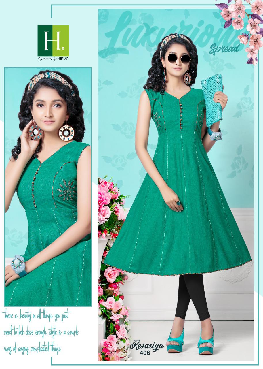 Hirwa Kesariya 4 Latest Designer Anarkali Style Casuaol Wear Rayon Kurtis Collection 