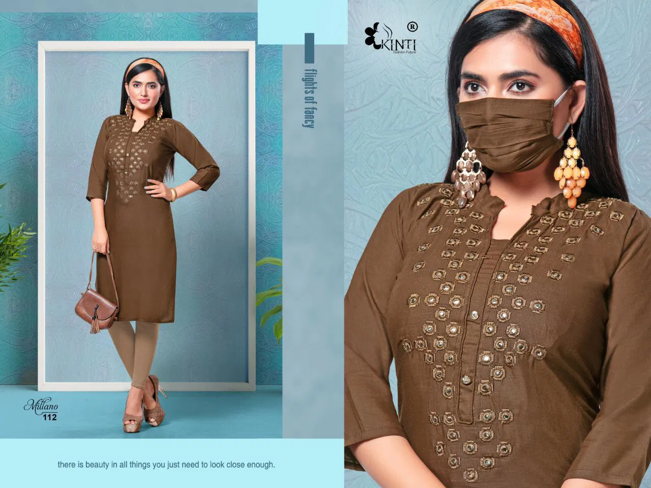 Kinti Millano Latest Designer Straight Neck Mirror Embroidery Work Style Kurtis Collection  