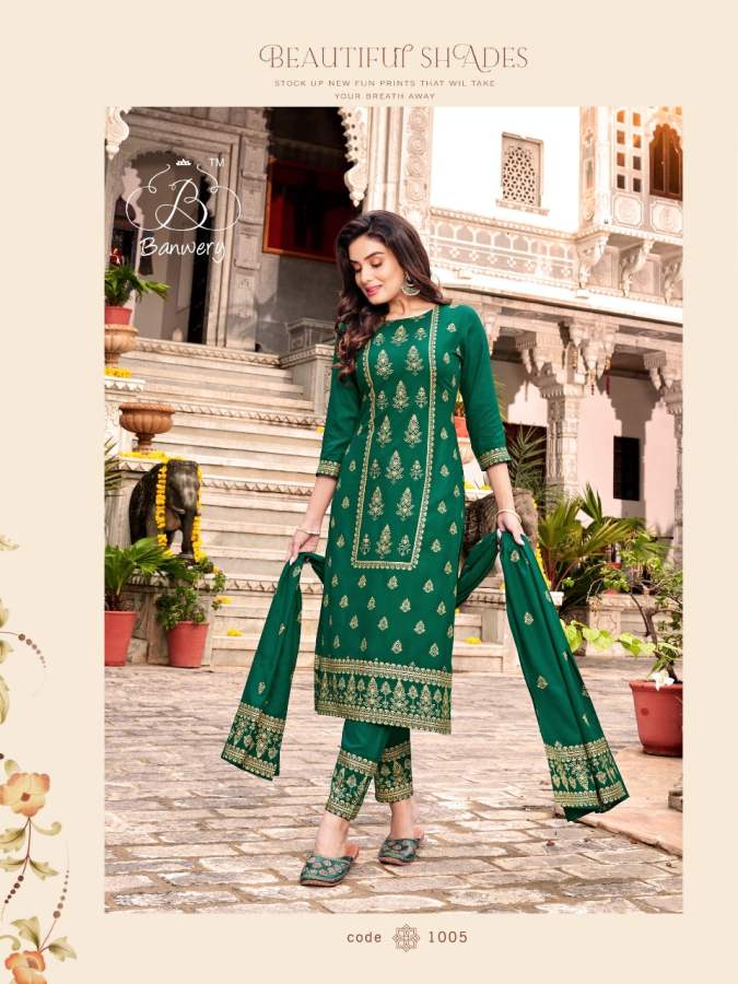 Banwery Parishi Latest Festival Wear Rayon Printed Designer Ready Made Suit Collection
