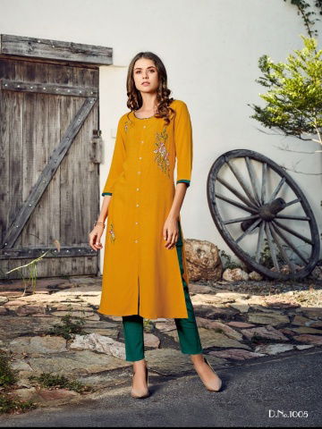 Baanvi Marigold 1 Latest fancy Designer Heavy Rayon Straight Cut Kurti Collection
