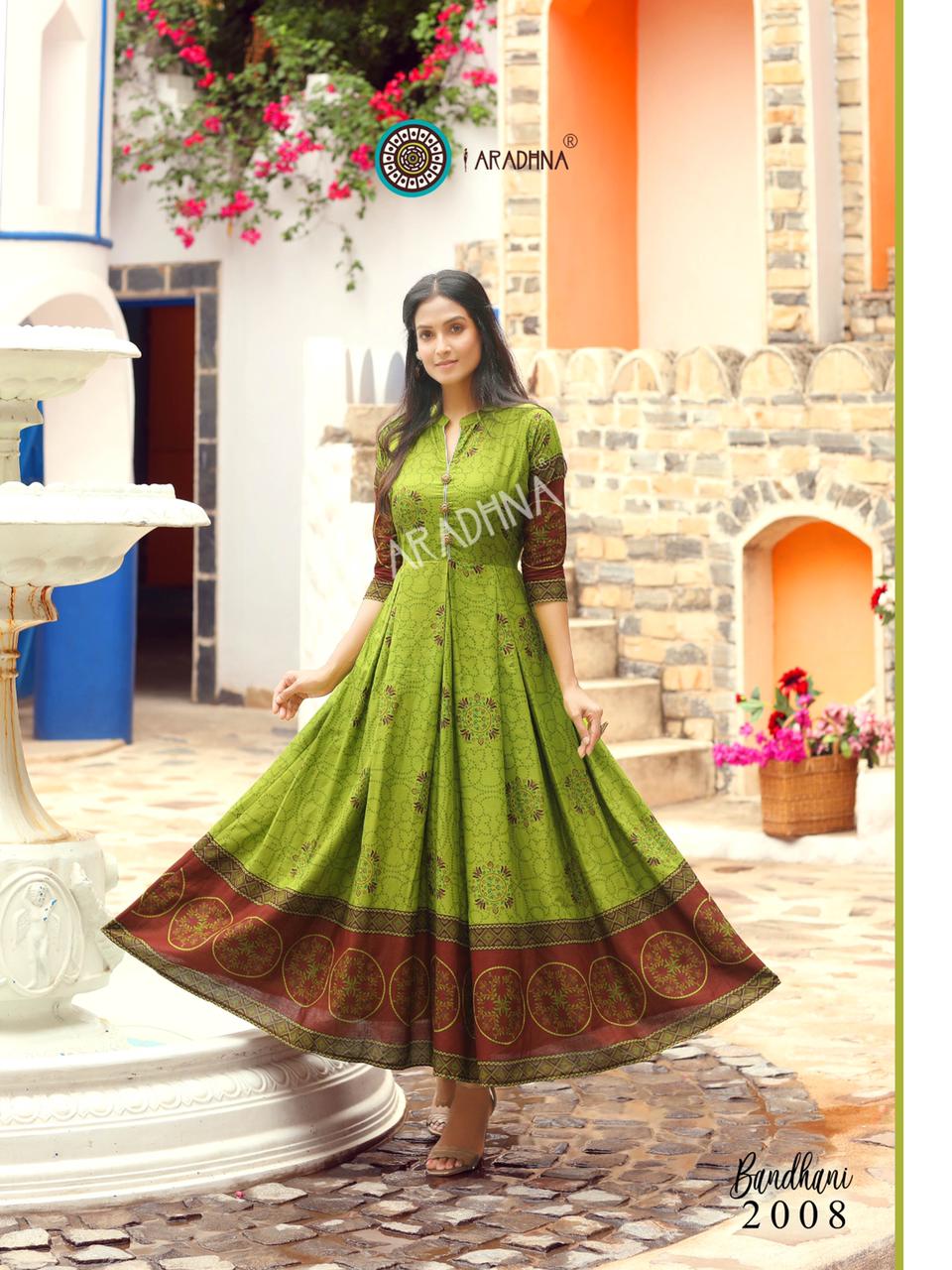 Aradhna Bandhani 2 Heavy Cotton Printed Festive Wear Anarkali Long Kurtis Collection
