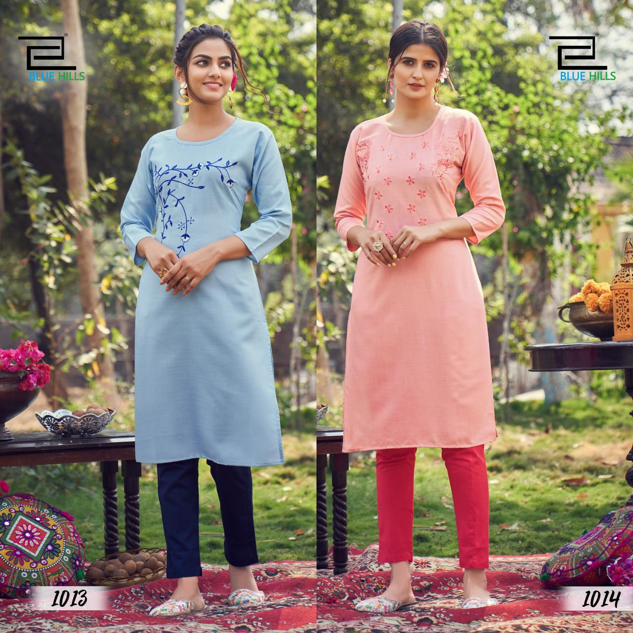 Blue Hills Instagram Latest Fancy Designer Casual Wear Slub Cotton Straight Embroidery Kurtis Collection
