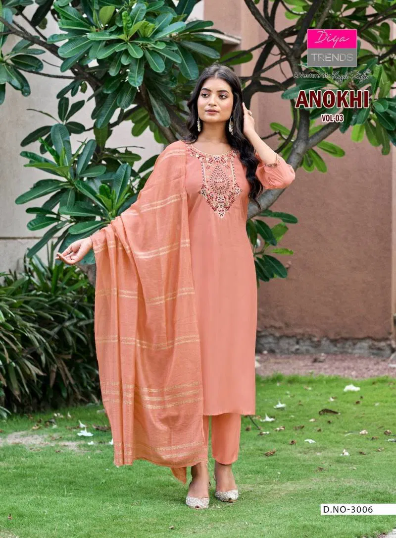Diya By Anokhi Vol 3 trends Roman Silk Kurti Bottom With Dupatta Wholesale Clothing Suppliers In India
