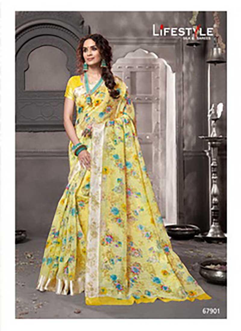 Lifestyle Pravina Cotton Vol - 5 Fancy Lilen Cotton Print Satin Border Sarees Collections