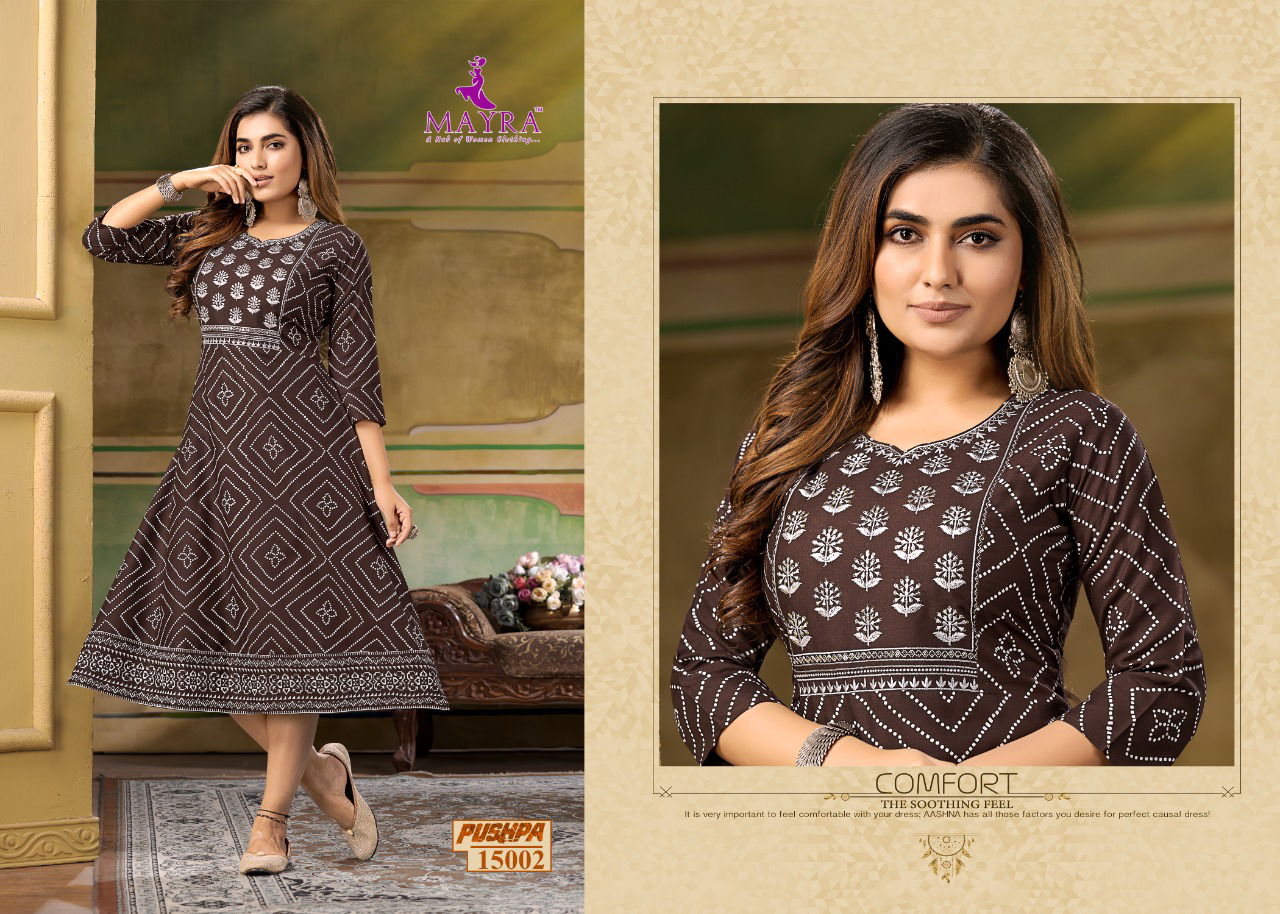 Mayra Pushpa Fancy Ethnic Wear Rayon Printed Anarklai Kurti Collection