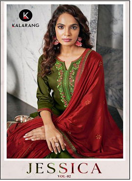 Kalarang Jessica Vol 2 Latest Jam Silk Cotton With Embroidery Work Dress Material With Pure Chinon Swarovski Diamond Work and Embroidery Work Border Dupatta 
