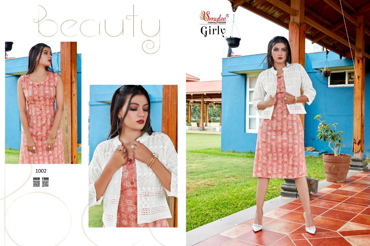 Smylee Girly Heavy Rayon Foil Printed Party Wear Kurti With Jacket Collection
