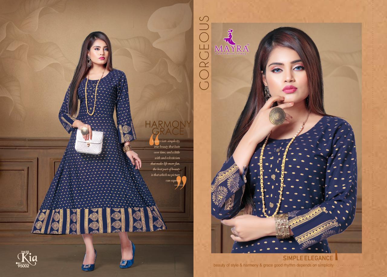 Mayra Kia 3 Latest Designer Party Wear Rayon Long Printed Kurti Collection 
