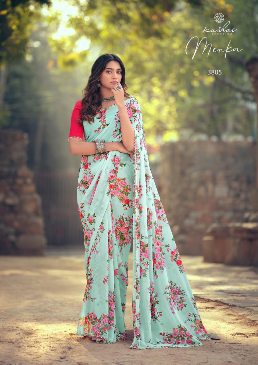 Kashvi Menka Latest Fancy Designer Festive Wear Silk Weightless Floral Chiffon Saree Collection
