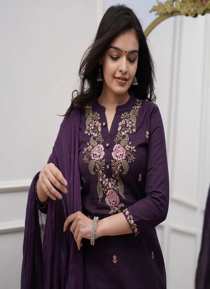 Satmonika Wine Rayon Slub Embroidered Kurti Bottom With Dupatta Wholesale Online