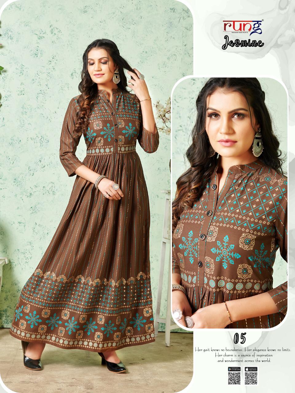 Rung Jasmine Latest Fancy Designer Casual Wear Rayon Gold Print Long Kurtis Collection
