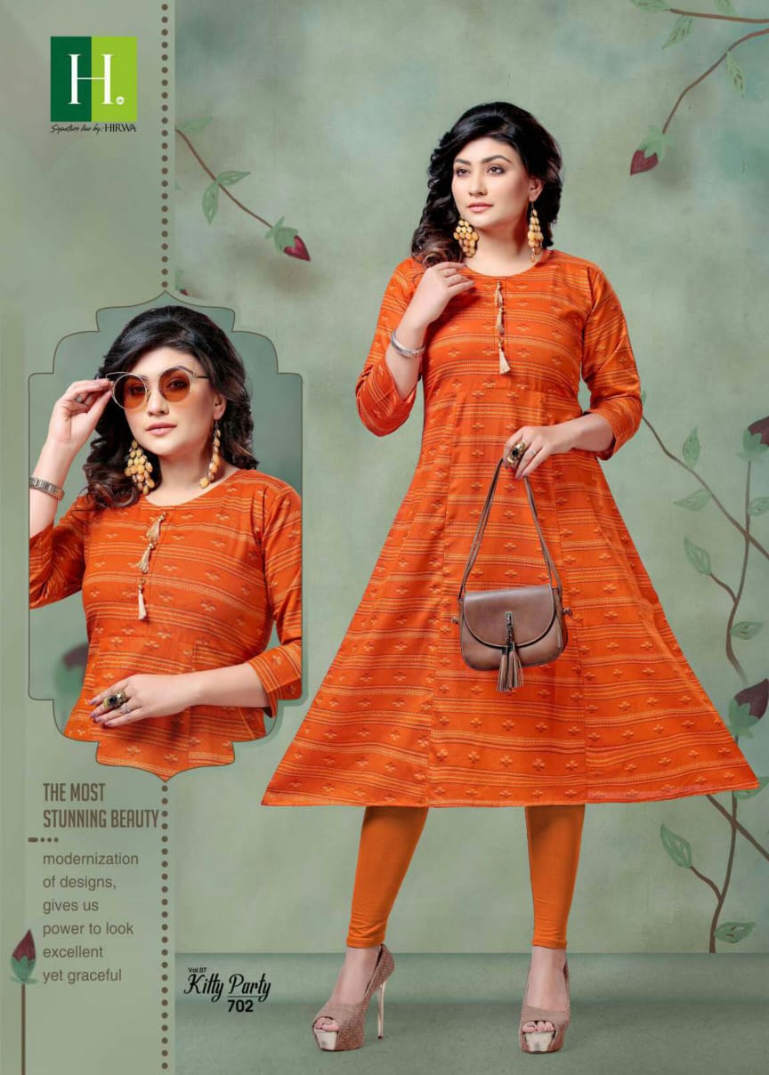 Hirwa Kitty Party 7.3 Latest Fancy Designer Casual Wear Ikkat Print Pure Cambric Cotton Flair Kurti Collection
