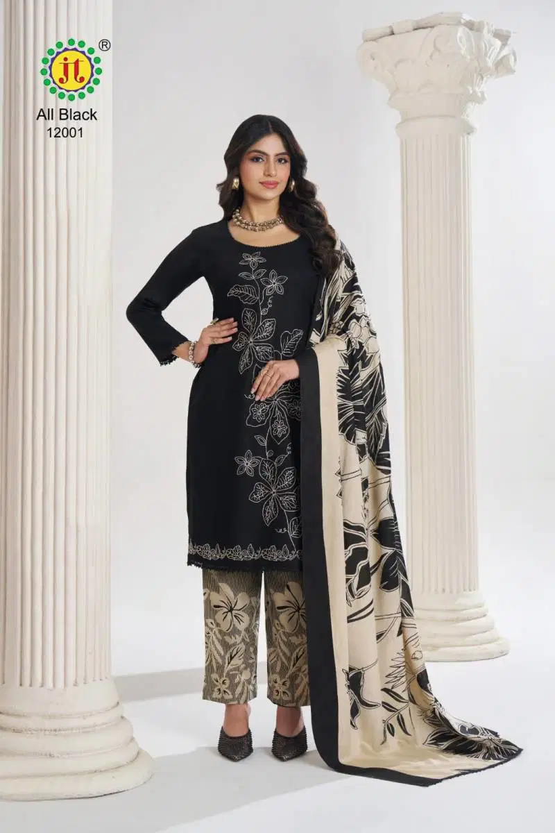 Jt All Black Vol 12 Rayon Embroidered Dress Material Wholesale In India