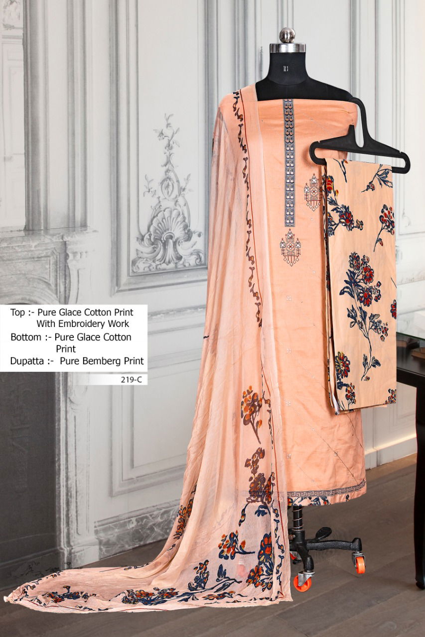BIPSON 219 COLOURS Designer Festive Wear Cotton Glace Print Embroidery Work Top And Pure Bamber Chiffon Print Dupatta Dress Material Collection
