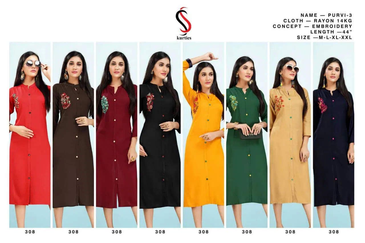 Ss Purvi Vol 3 Latest Designer Daily Wear Rayon Kurtis Collection 