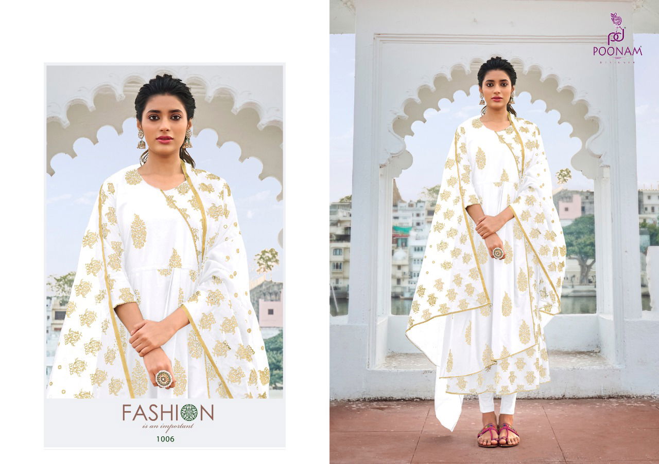 Poonam Anika Latest Fancy Designer Pure malai cotton Double layer Gown With Foil Print Long Kurti With Dupatta Collection
