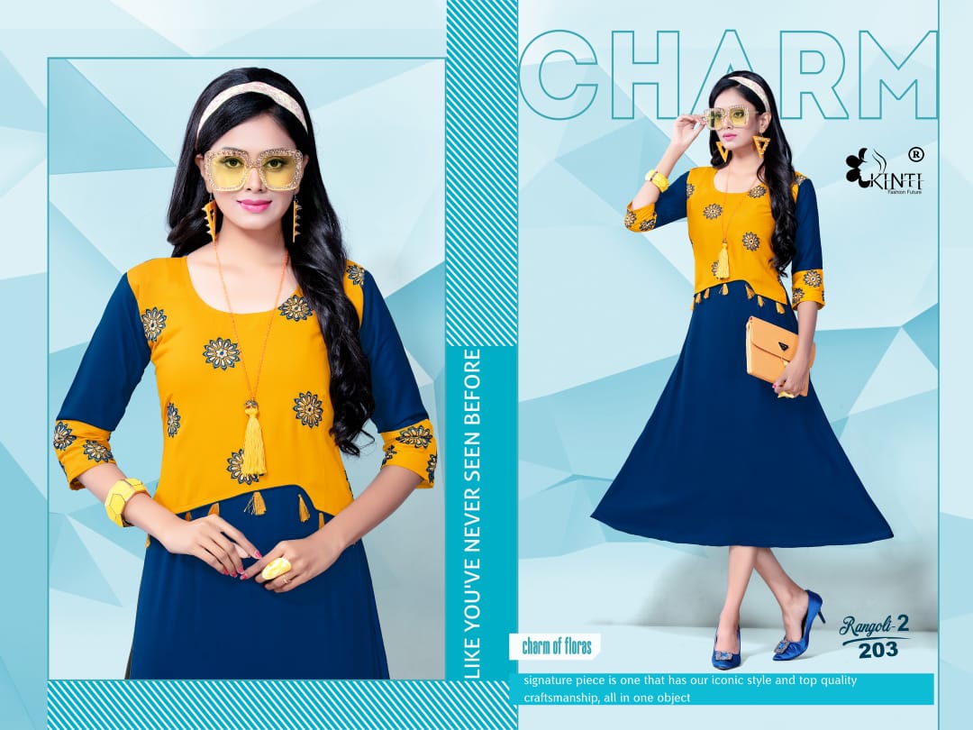 Kinti Rangoli 2 Fancy Ethnic Wear Rayon Embroidery work Designer Kurtis Collection