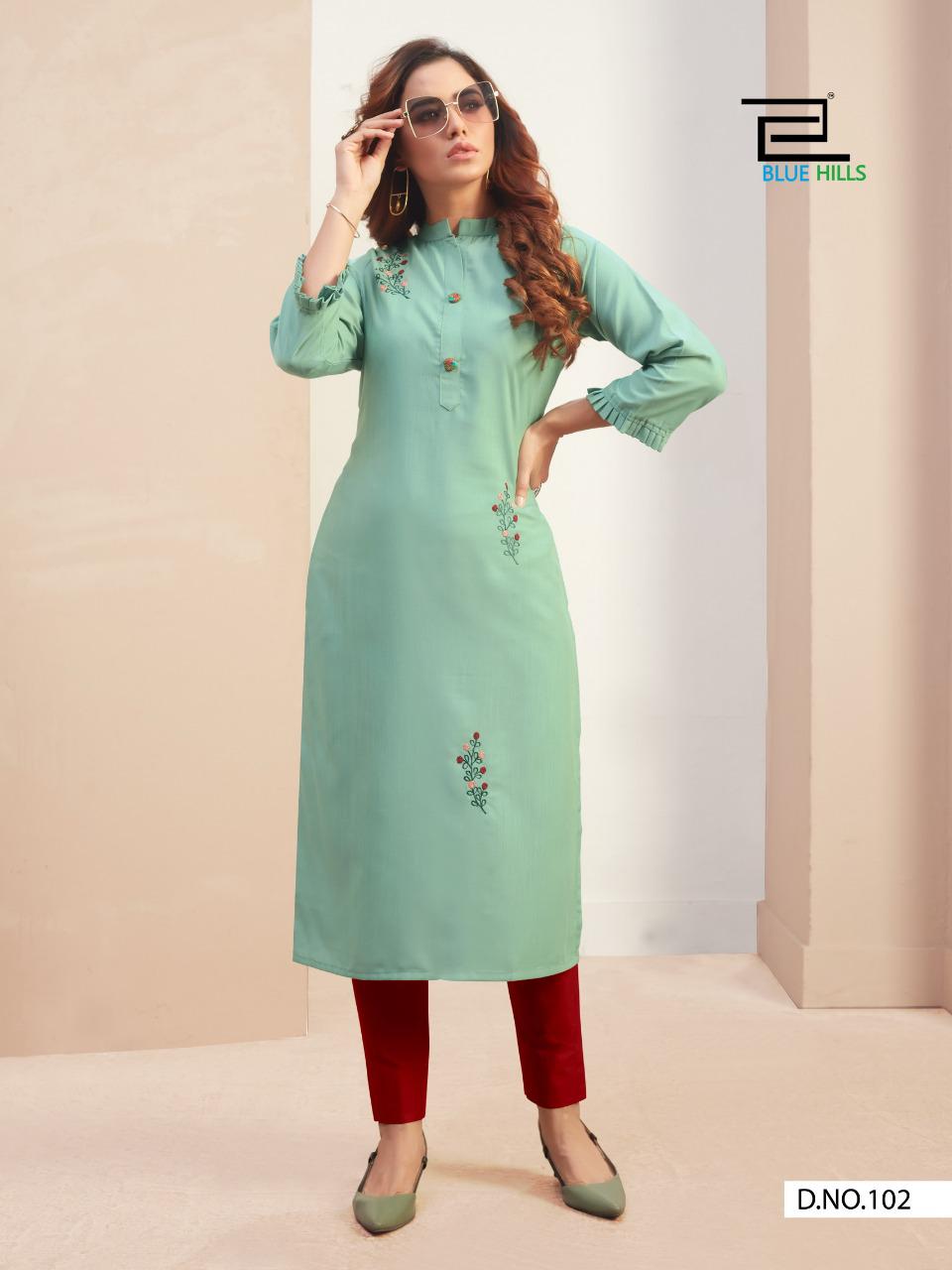 Blue Hills Mahek 1 Latest Fancy Ethnic Wear Embroidery Work Rayon Designer Kurtis Collection
