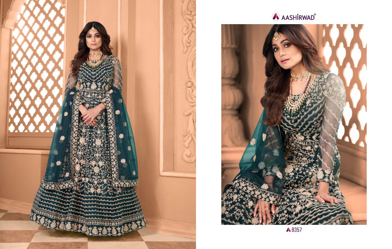 Aashirwad Advika 8354 Series Net Embroidery Gown With Dupatta Catalog