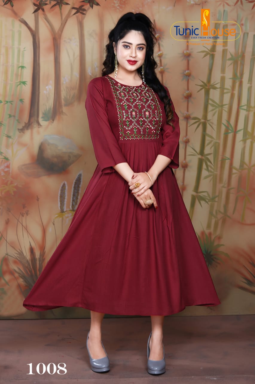 Tunic House Nek Nx Designer Ethnic Wear Embroidery Rayon Kurtis Collection
