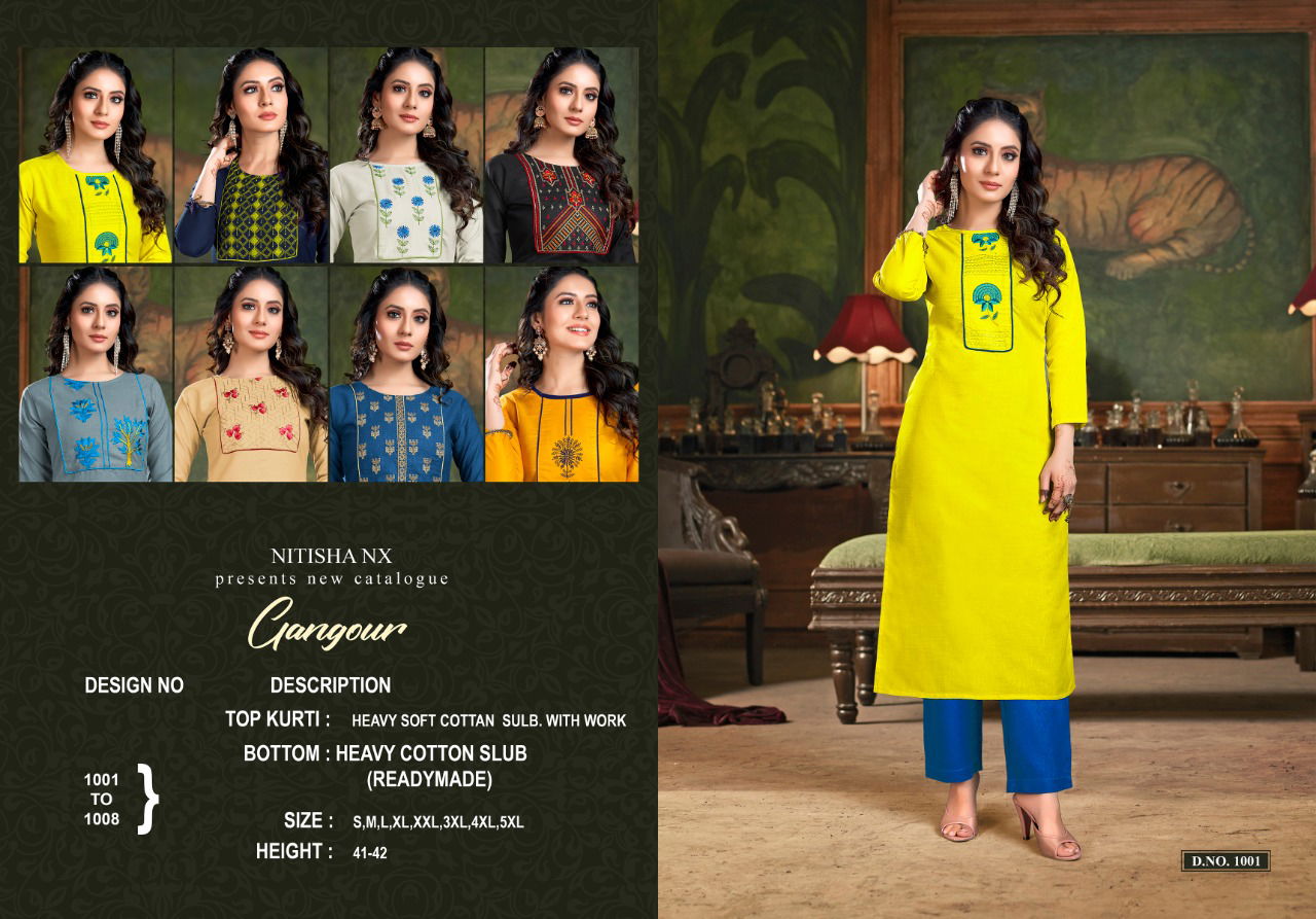 Nitisha Gangour latest fancy Designer regular wear Cotton Embroidery Kurti With Bottom Collection
