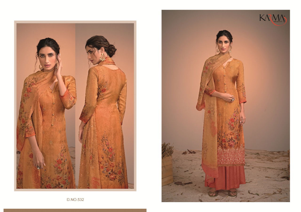 Karma Azaa 529 to 534 Series Pure Silk Jacquard Digital Print Embroidered Work Dress with Dupatta Materials Collection