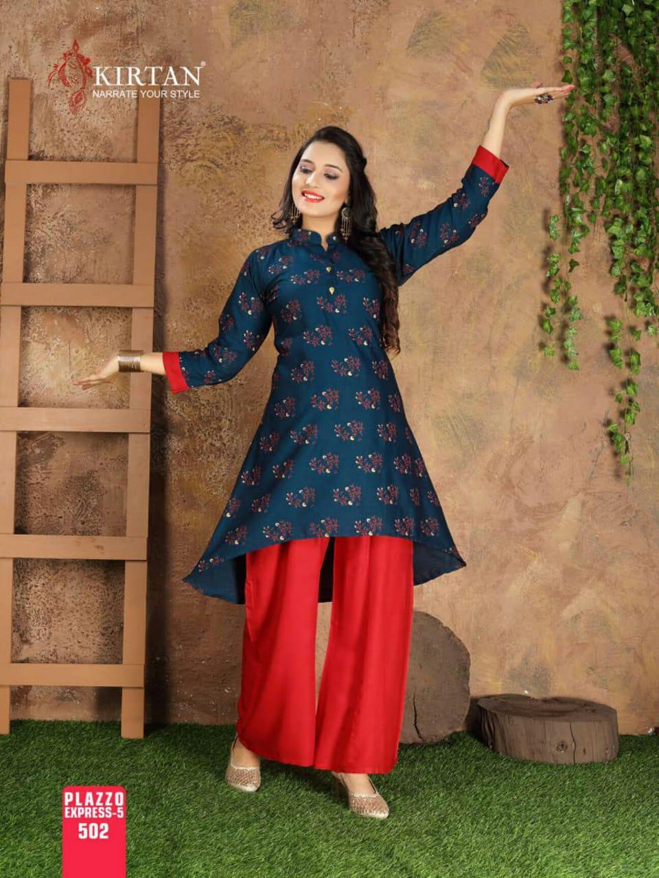 Kirtan Plazzo Express Fancy Designer Regular Wear Rayon Printed Kurti With Bottom Collection
