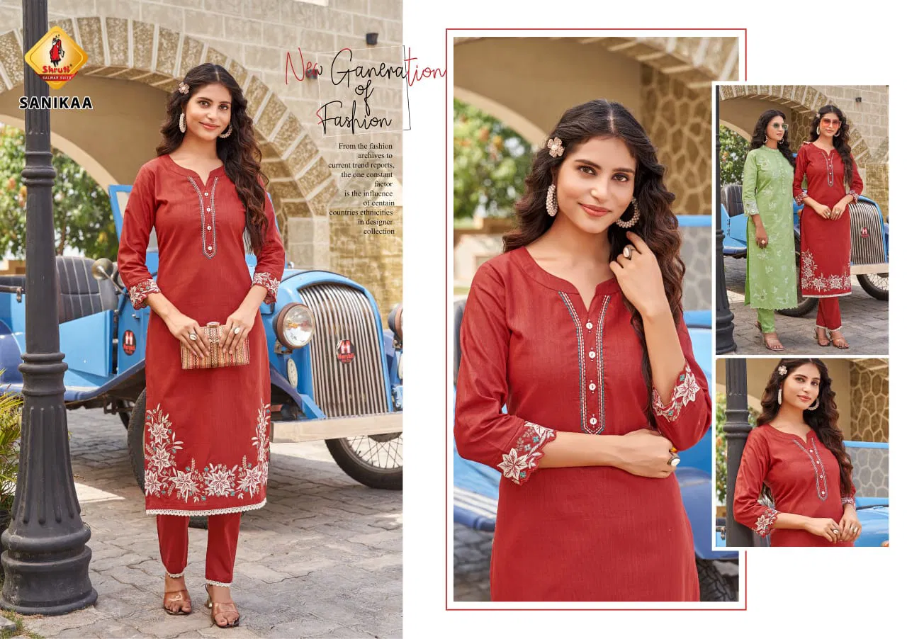 Paheli Vol 11 By Shruti Cotton Linen Embroidery Kurti With Bottom Exporters In India