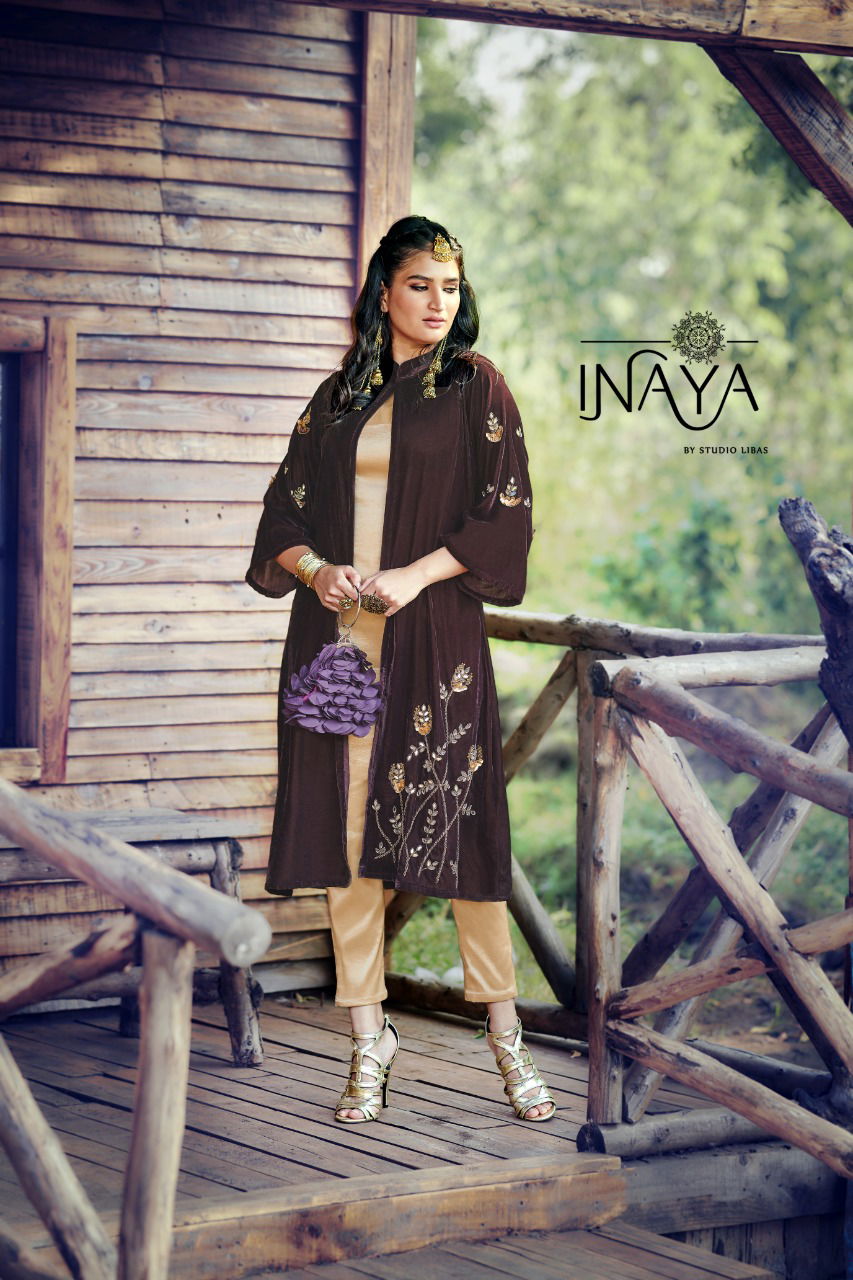 Inaya Latest Designer Party Wear Velvet Western Style Kurti With Pant Style Bottom Suit Collection