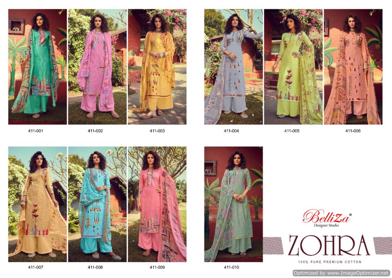 Belliza Zohra Pure Cotton Digital Style Print Designer Dress Material Exclusive Printed Nazneen Chiffon Dupatta With Four Side Lace 