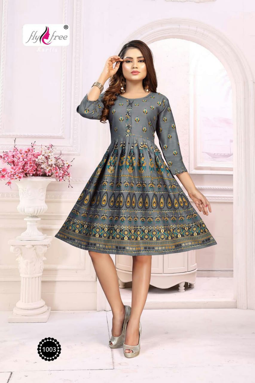 Fly Free Phonix Latest fancy bcasual wear Rayon Printed Designer Anarkali Kurtis Collection
