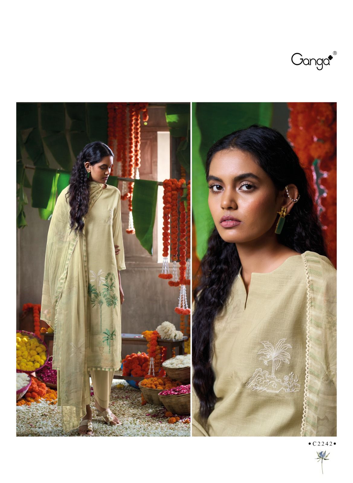 Papillon by Ganga Cotton Linen Printed Embroidery Salwar Suit Online Wholesale