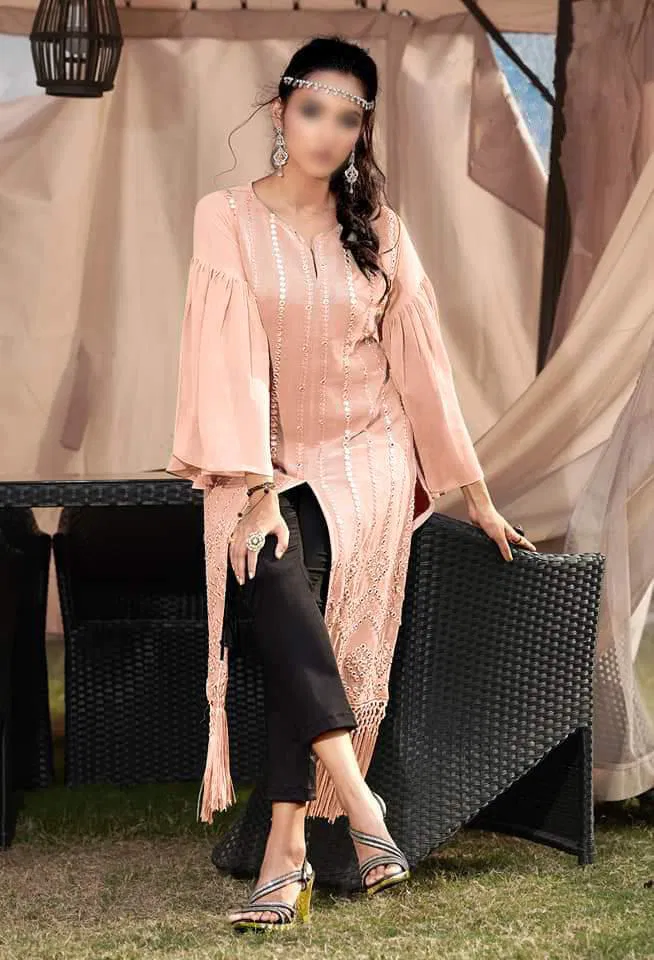 Hiba Studio LPC -24 Classy Metalic Collection Designer Tunic  with Beautiful  metalic embroidery  Embellished with handmade tassels paired with Designer Straight Cigarette pants