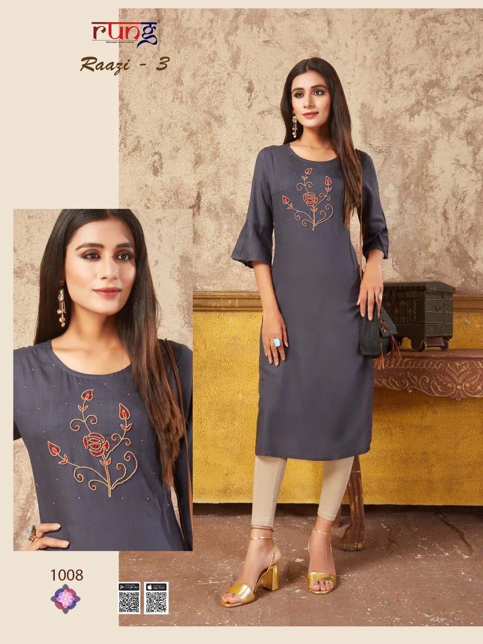 Rung Razzi 3 Latest Designer Party Wear Festive Wear Straight Line Embroidery Work Kurtis Collection  
