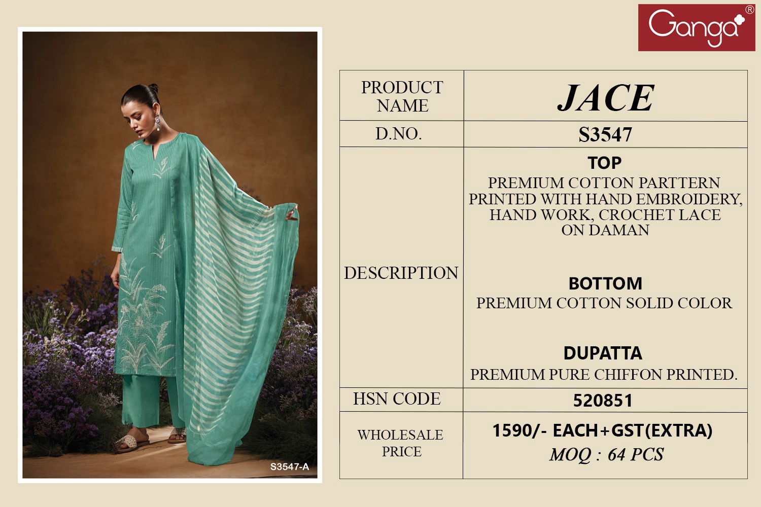 Jace 3547 By Ganga Cotton Printed Designer Salwar Suit Wholesalers In Delhi